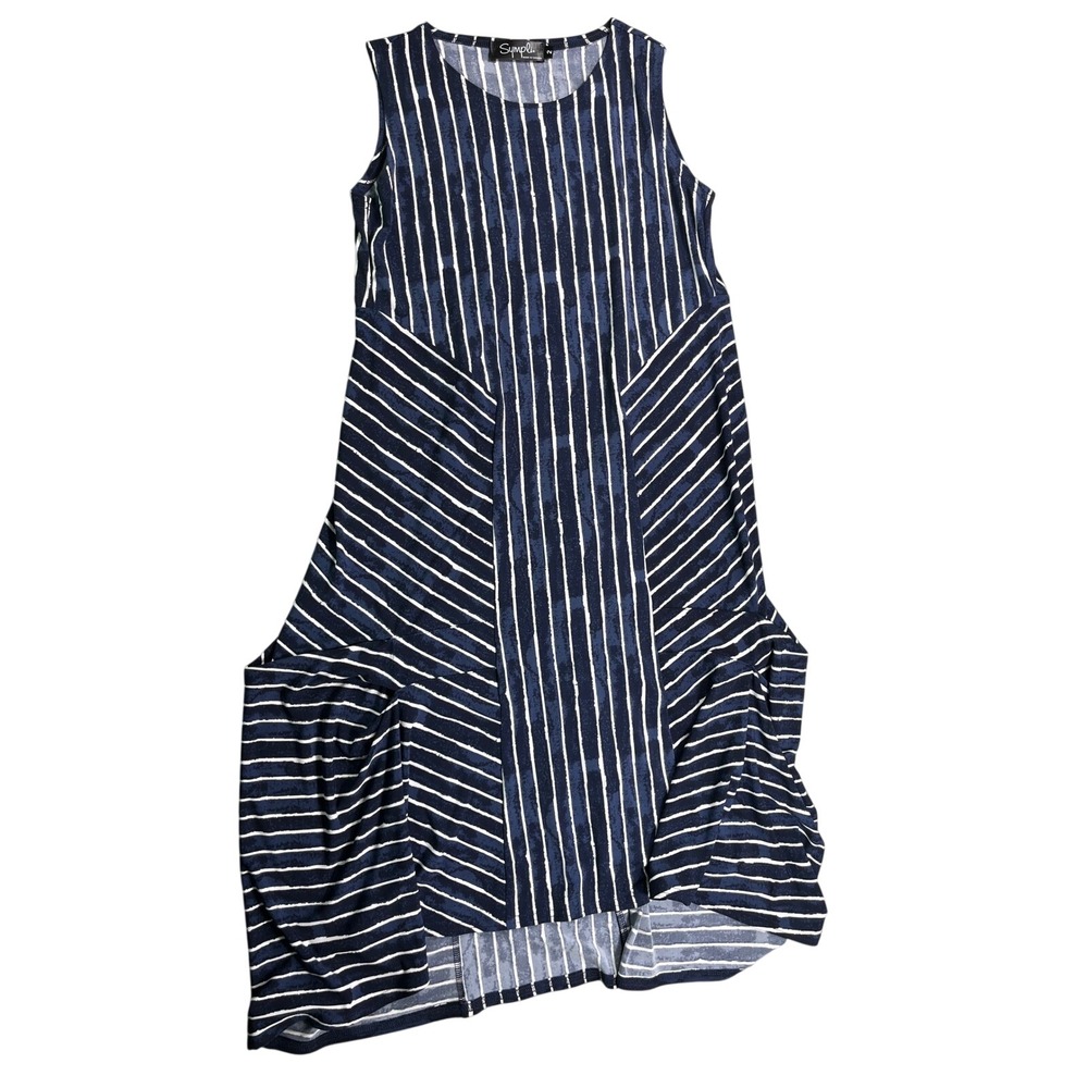 Sympli Striped Sleeveless‎ Midi Dress Size 2 Navy White Made in Canada Travel